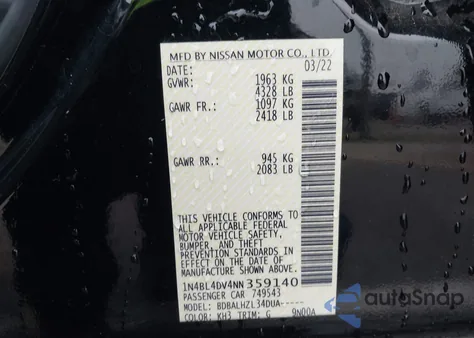 2022 Nissan Altima Sv Fwd z USA, uszkodzony, nr VIN 1N4BL4DV4NN359140